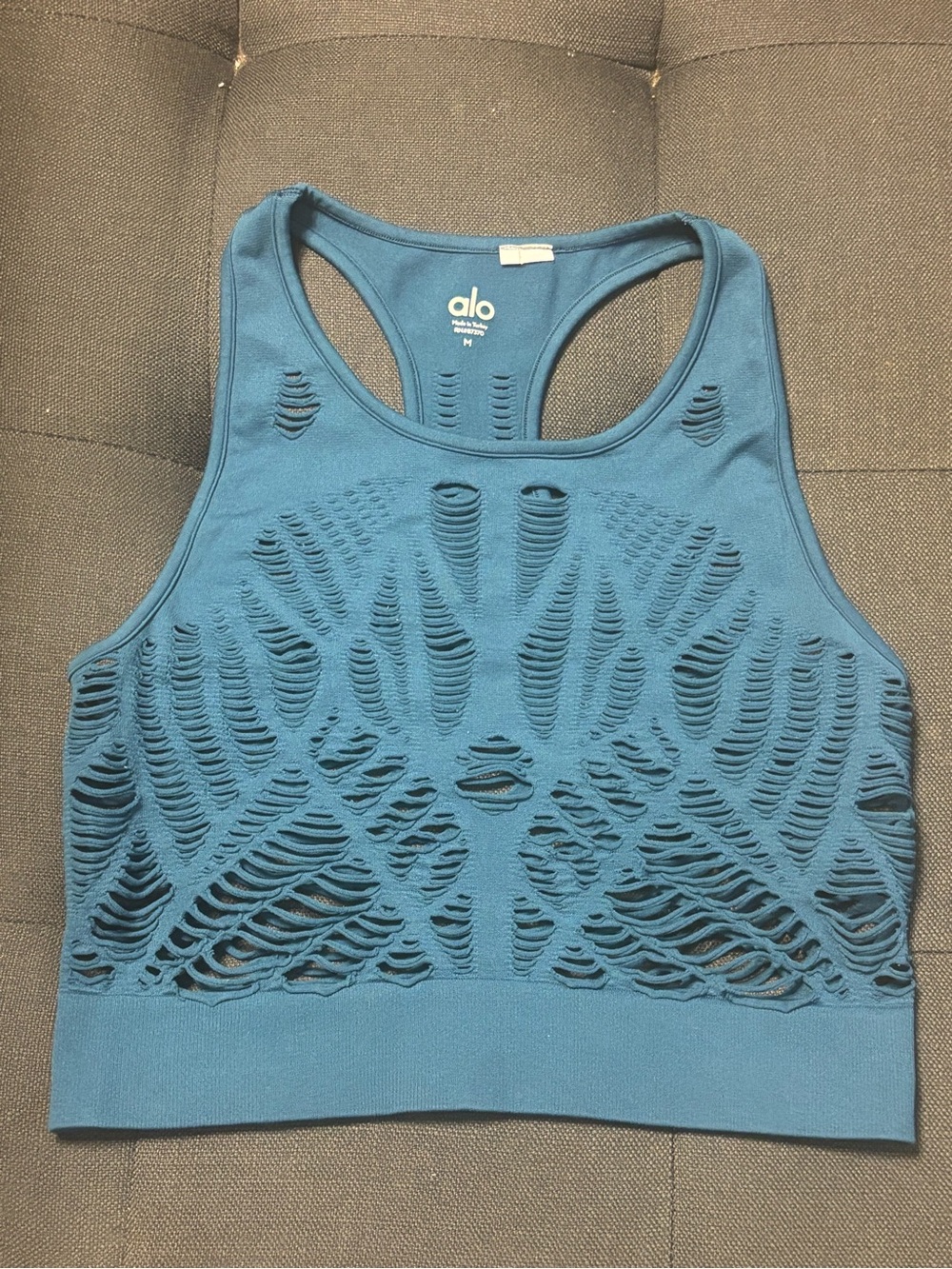 ALO Yoga Teal Laser-Cut Racerback Crop Top woman’s Size Medium retail $45.00